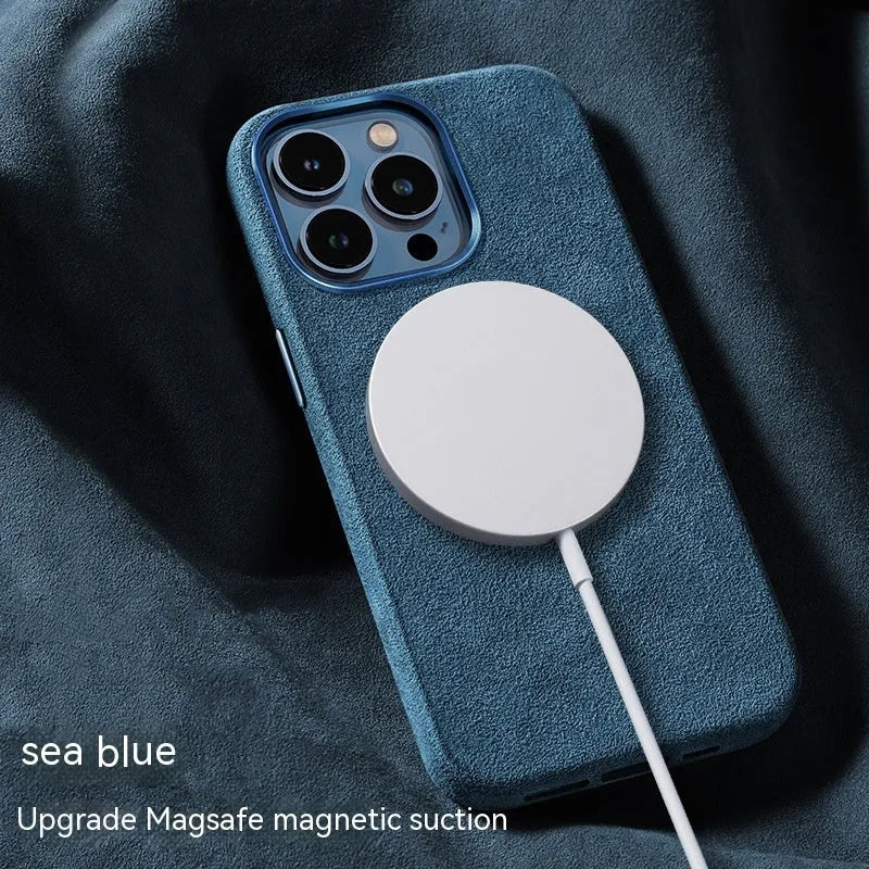 Suede magnetic wireless charger phone case for iPhone with card bag, dark green, back cover