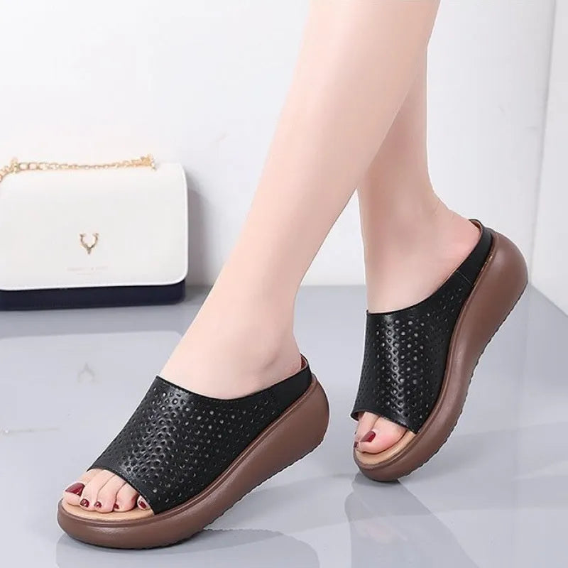 Peep Toe Platform Heel Women's Shoes with Rocking Bottom, PU Upper and Rubber Sole, Ethnic National Style, Available in Beige Black and Milky White, Sizes 35 to 40