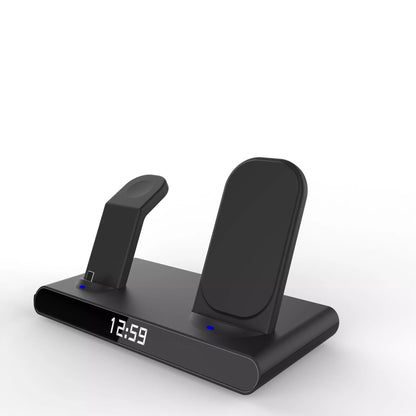 Clock 15W 3-in-1 Wireless Charger in black and white, compatible with Qi-enabled devices