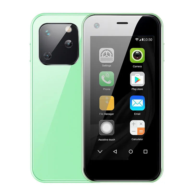 Ultra-small Android mini phone in Phantom Night Black colour, shown next to a standard Type-C charging cable.