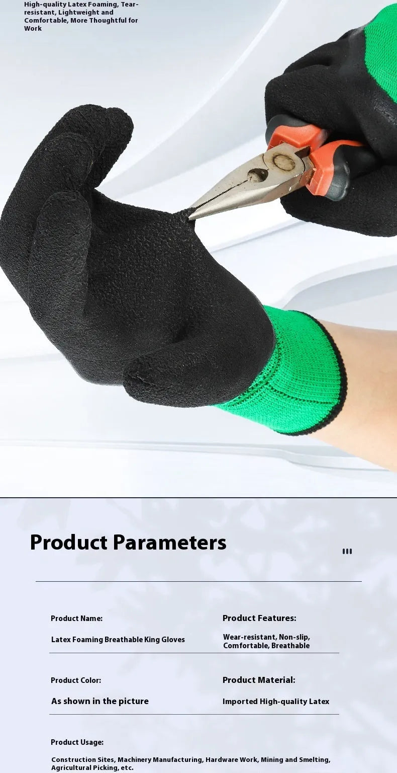 A pack of 12 pairs of black and green rubber work gloves for industrial and site use.