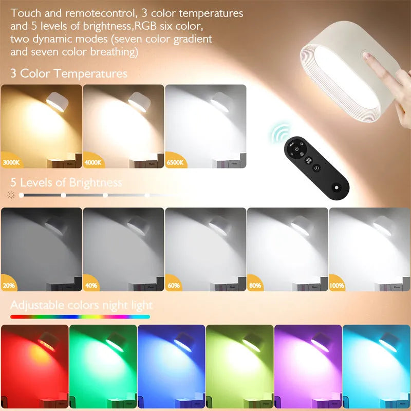 White remote touch magnetic wall lamp with oval light, showing 360-degree rotation and remote control for colour changing.