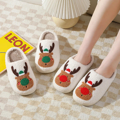 Cozy elk-themed slippers with plush suede uppers and supportive EVA soles in a variety of dreamy colors