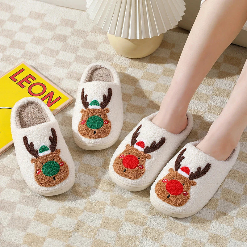 Cozy Elk-themed Christmas slippers with plush materials and slip-resistant soles for indoor comfort and style