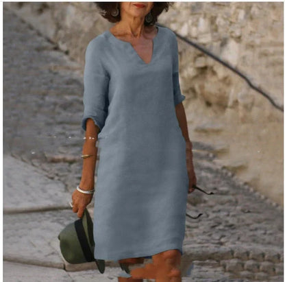 Retro cotton and linen V-neck dress with high waist and summer stitching in various colors