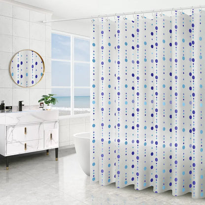 PEVA shower curtain with geometric abstract pattern and stainless steel buttonholes, available in multiple sizes and colours