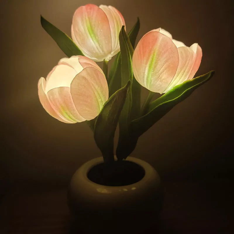 LED Tulip Night Light in ceramic pot with warm glow for home decoration
