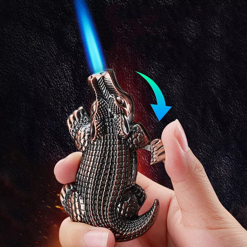 Crocodile-shaped windproof butane lighter with adjustable flame in red copper and bronze