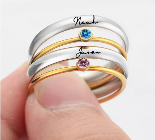 December colour birthstone titanium steel ring with geometric shape and electroplated gold lettering on adjustable sizing band