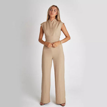 Women's sleeveless V-neck jumpsuit in black, white, or khaki with wide leg design