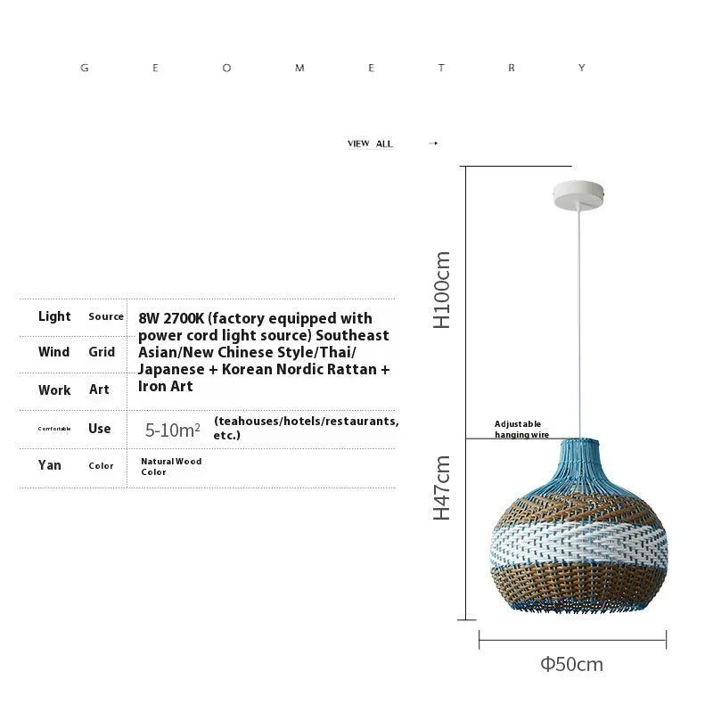 Vine woven rattan Silent Wind style pendant lamp with integrated warm white LED light.