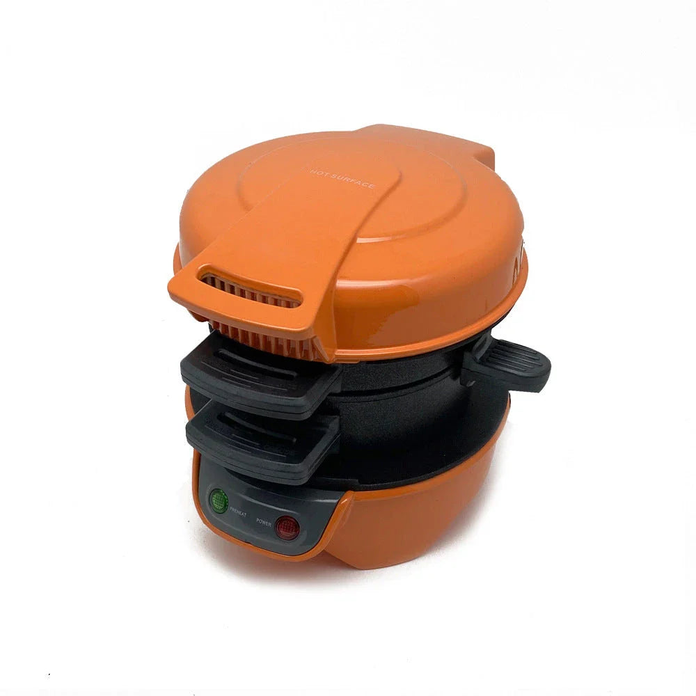 Versatile Breakfast Maker with sandwich, waffle, and egg cooking functions in bright red, orange, and silver gray colors