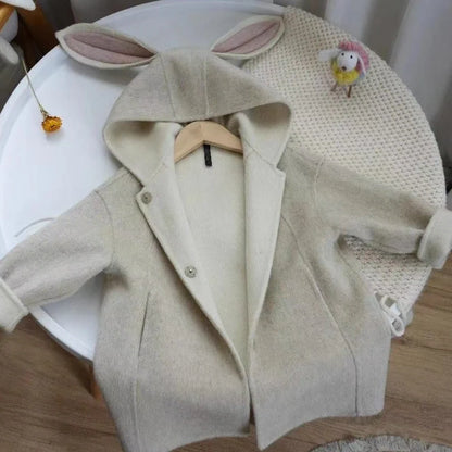 Milky white children's woolen coat with rabbit ears hood, mid-length design with long sleeves