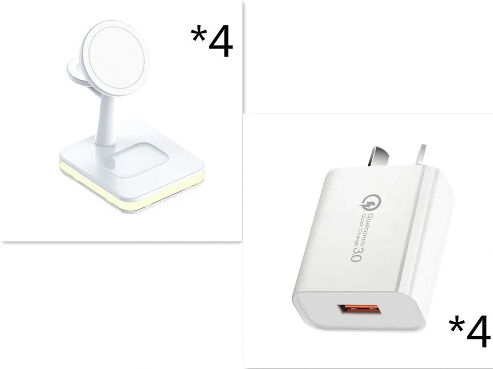 Black three-in-one wireless charger magnetic bracket on a desk charging multiple devices