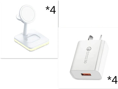 Black three-in-one wireless charger magnetic bracket on a desk charging multiple devices