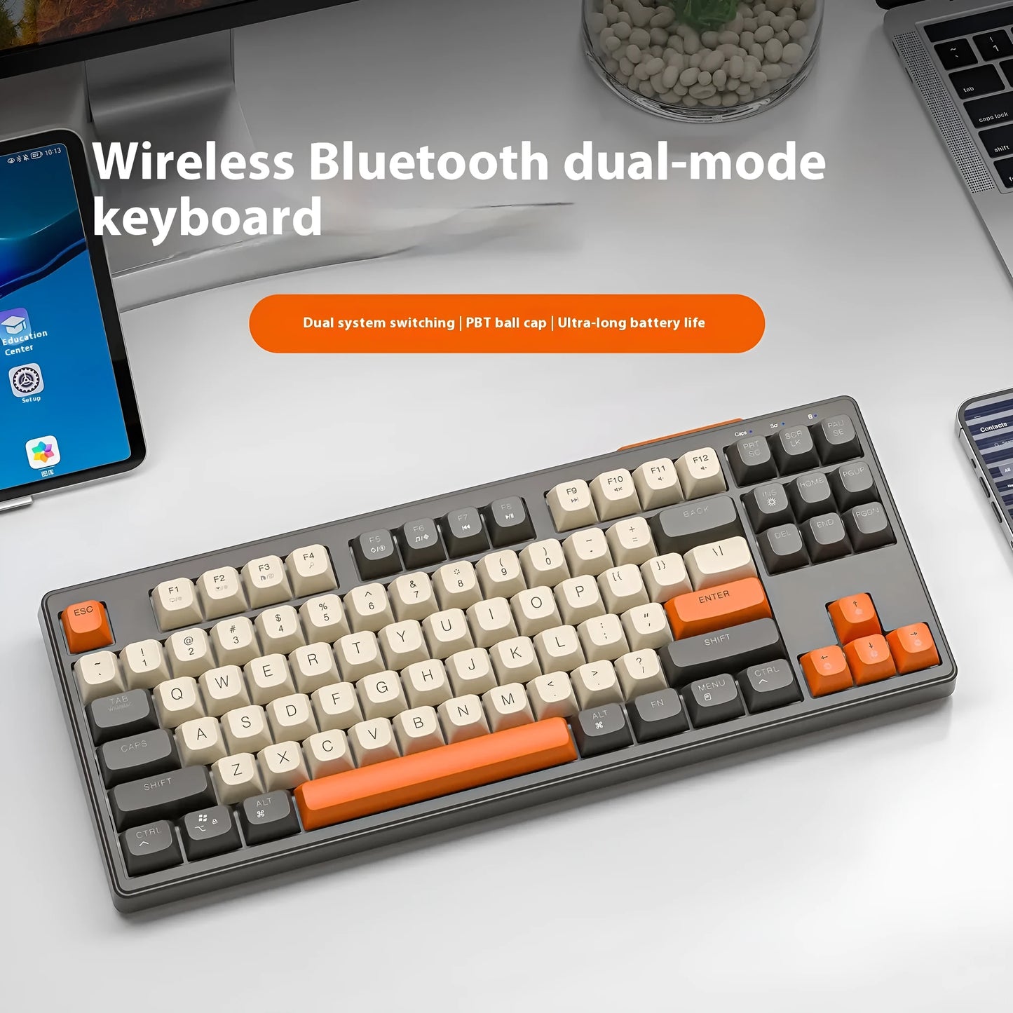 Wolf M87 wireless Bluetooth dual-mode mechanical feeling keyboard in blueberry colour on a desk