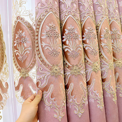 European-style blackout curtains with plant flower heart pattern in pink colour options