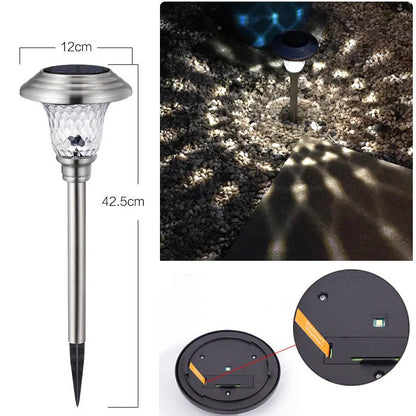 Solar outdoor lawn light in garden setting showing 12×12×42.5cm dimensions and solar panel