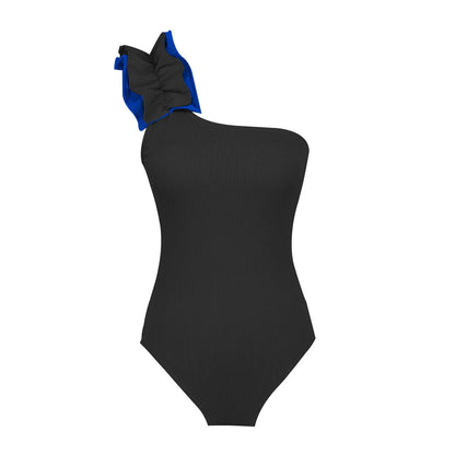 A woman's solid colour one-piece swimsuit with a single-shoulder suspender tube top design.