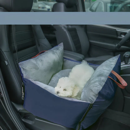 Navy blue waterproof pet bed mat on car seat with 60x60x35cm dimensions and raised edges