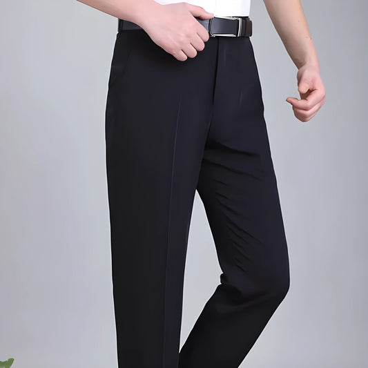 Men's dark blue high-waisted straight-leg non-ironing trousers made from a silk blend fabric.