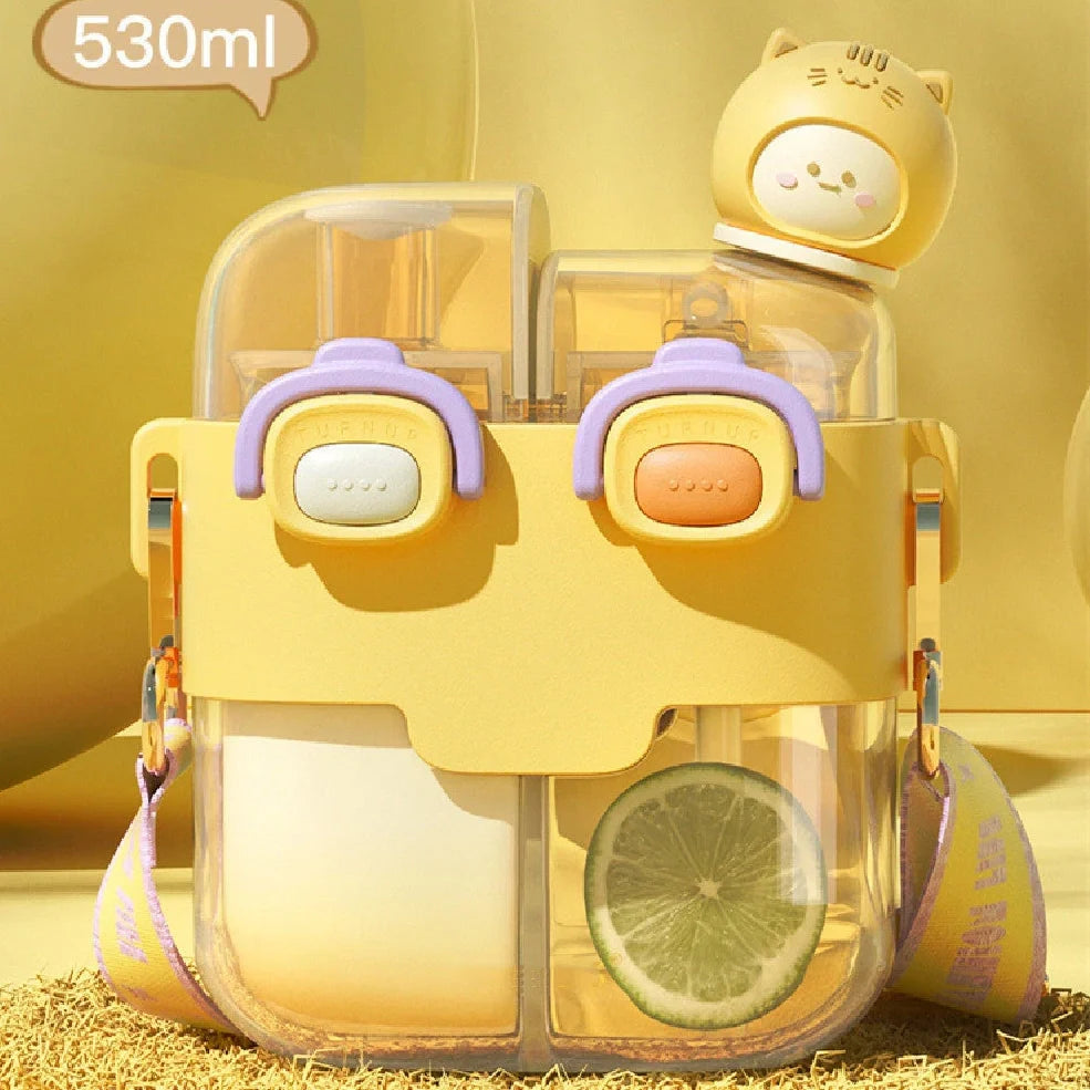 Plastic water bottle with spring cover in coral pink, measures 11.3x20.5x7cm