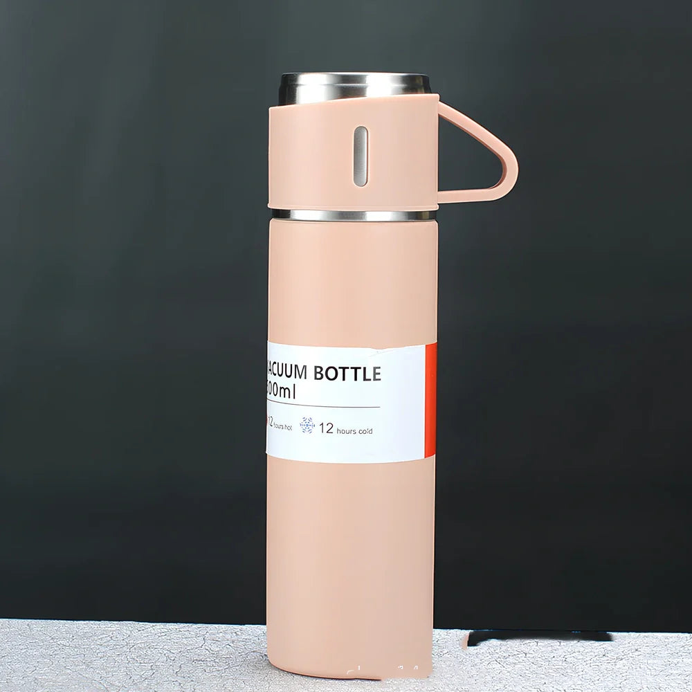 Pink stainless steel vacuum water cup with straight design and 500ml capacity in gift box packaging