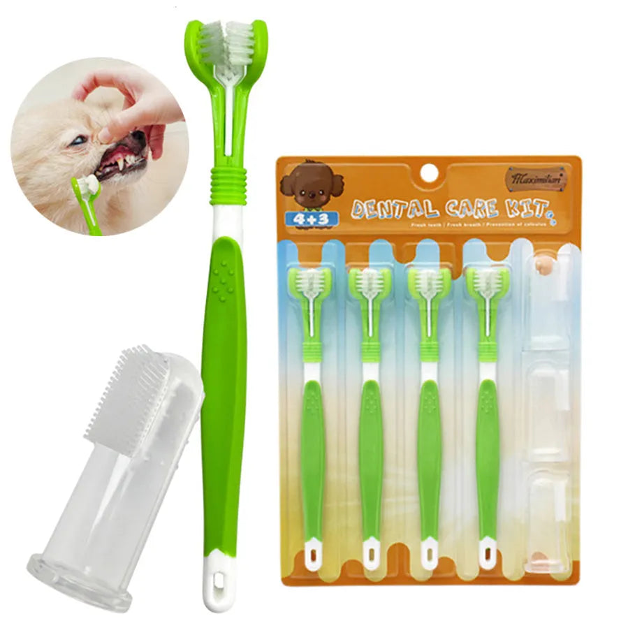 Green pet toothbrush set with three-head dog toothbrush and silicone finger brushes