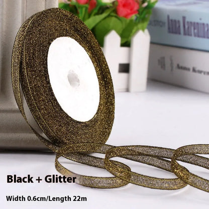Polyester gift packaging bow ribbon showing 0.6cm width and colour options including gold leaf and metallic variations