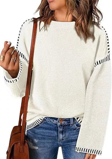 Women's acrylic round neck pullover sweater with flared sleeves in various colors