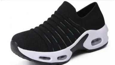 Women's fly-knit stretch socks shoes in dark blue with mesh upper and low heel