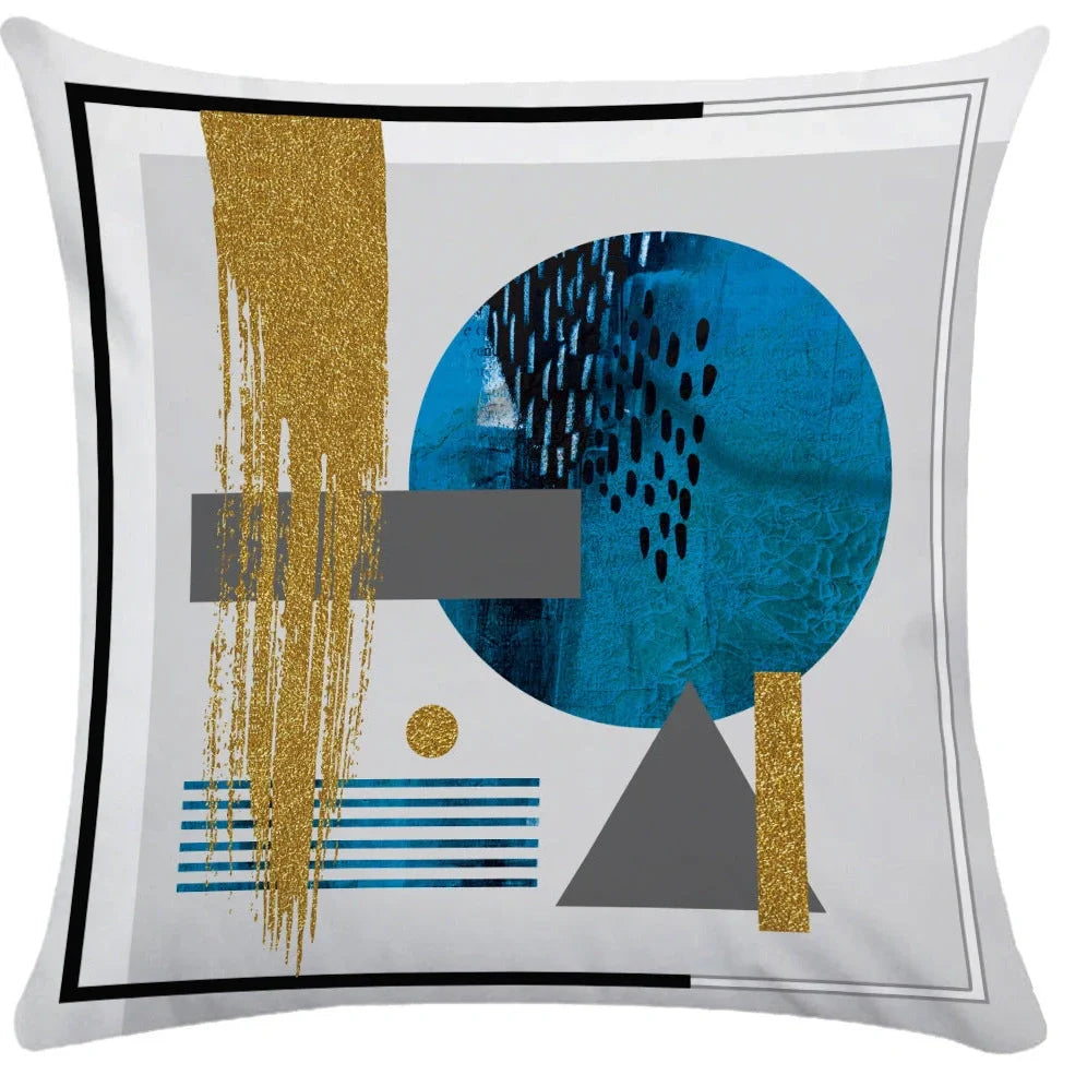 Geometric pattern throw pillow on office sofa showing 45x45cm size with plush fabric texture