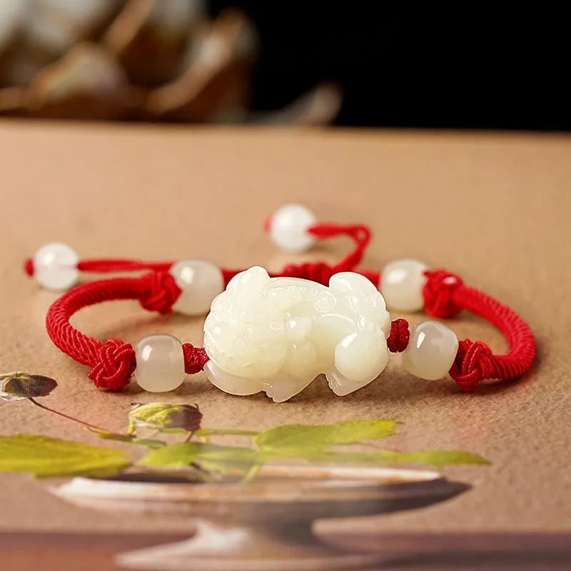Hetian Jade Bracelet with adjustable black and red ropes in Chinese style, available in women's and men's designs featuring jade beads, cinnabar, or rosewood options with secure knotting for daily wear