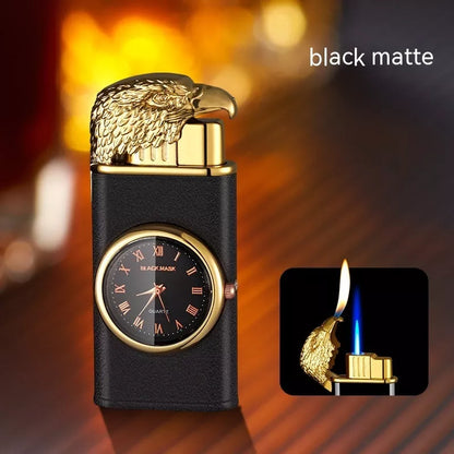 Eagle Head Double Fire Gas Lighter with watch plate design in Black Ice finish