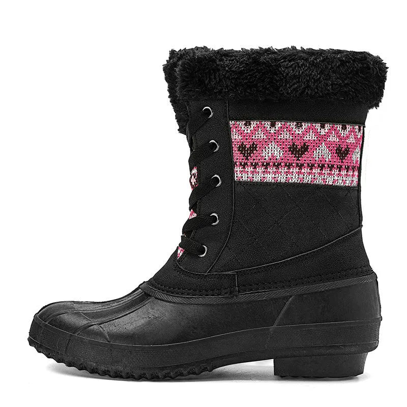 Women's winter high-top hiking shoes in black with plus velvet lining, front tie, and non-slip rubber sole