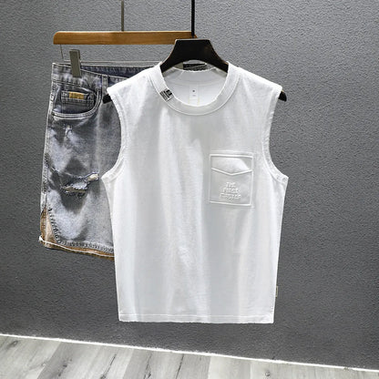 Men's solid colour loose fit cotton sleeveless t-shirt on a hanger, shown in white and black.