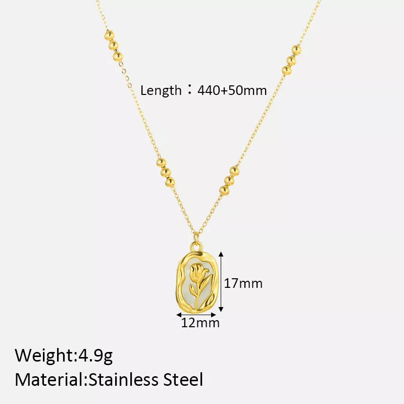 Rose white shell pendant necklace with 18K stainless steel chain