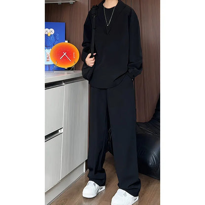 Men's two-piece casual suit with long sleeve polo shirt and trousers in elastic hemp fabric