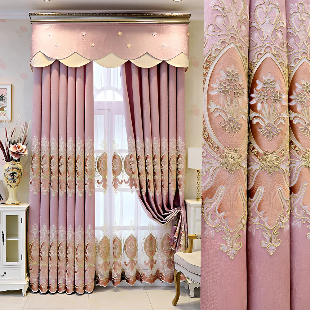 European-style blackout curtains with plant flower heart pattern in pink colour options