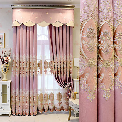 European-style blackout curtains with plant flower heart pattern in pink colour options