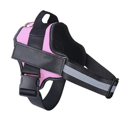 Personalised dog harness with reflective straps and adjustable chest fitting showing no-pull design