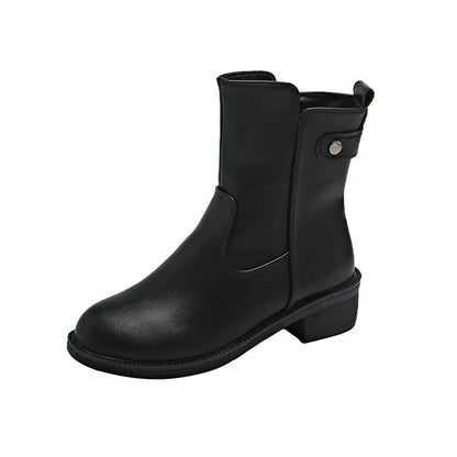Black women's low-heel boots with round toe and side zipper fastening