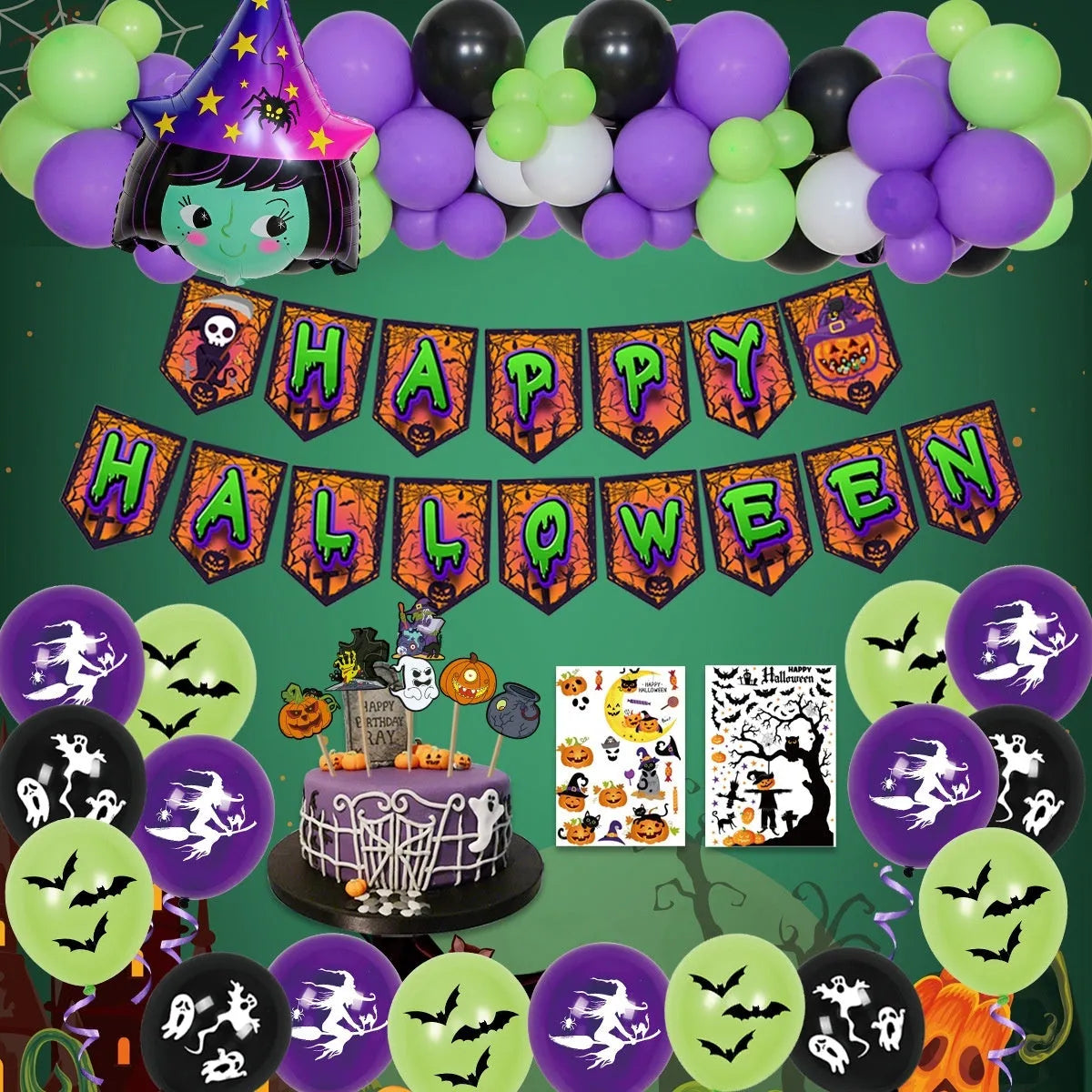 Halloween balloon combo set with spider balloon arch and white and black round latex balloons for party decorations