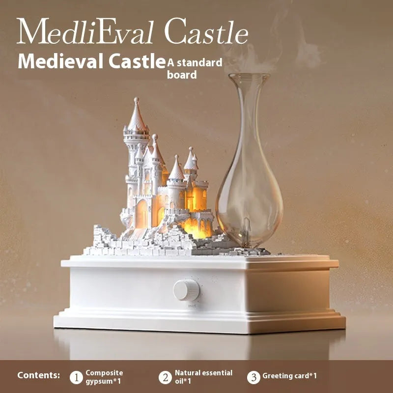 White medieval castle aromatherapy machine measuring 188x124x210mm with ambient lighting and waterless fragrance technology