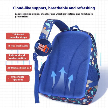 Blue dinosaur print children's school backpack with curved shoulder straps on a grey background