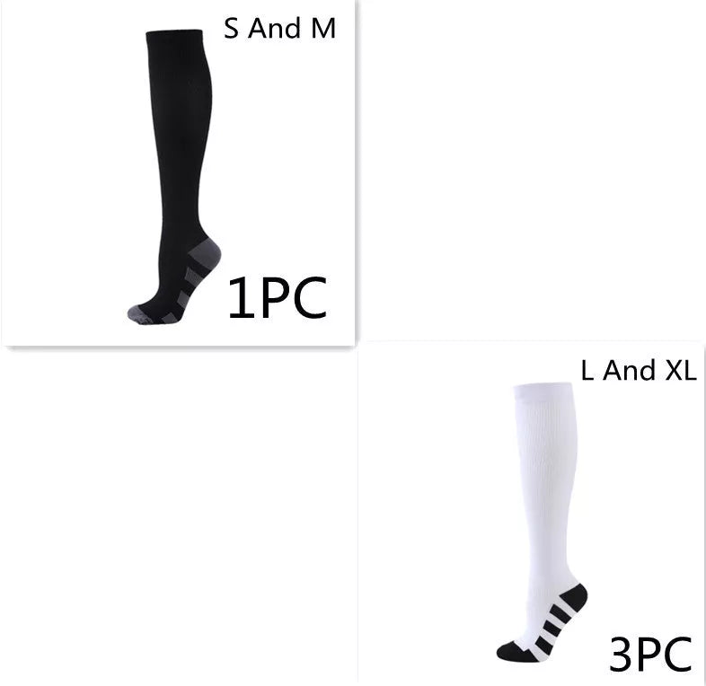 Athletic compression socks with three-bar design in black, pink, and white