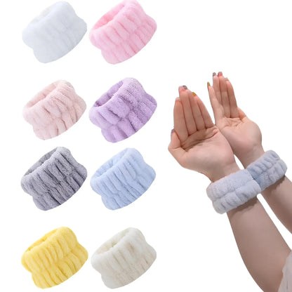 Coral velvet wrist washband with elastic band for facial cleansing, grey colour option shown