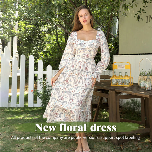 Women's Floral Square Neck Long Sleeve Dress for elegant and comfortable wear