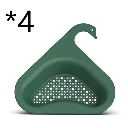 Yellow swan-shaped plastic kitchen drainer basket with drainage holes on kitchen counter