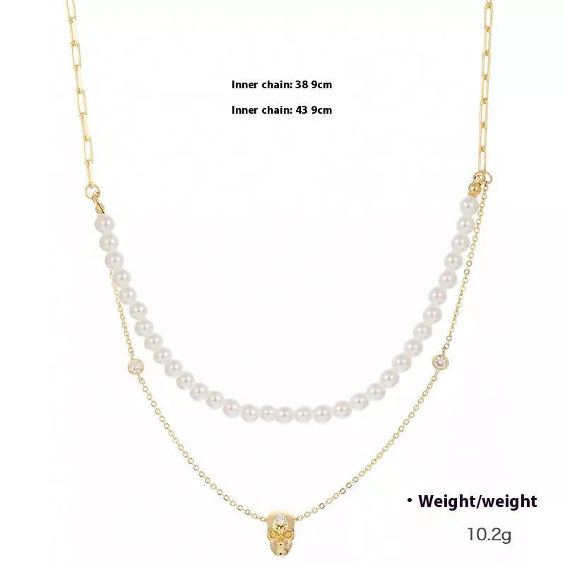 Punk style Y-shaped necklace with zirconium skull pendant and mixed gem inlaid